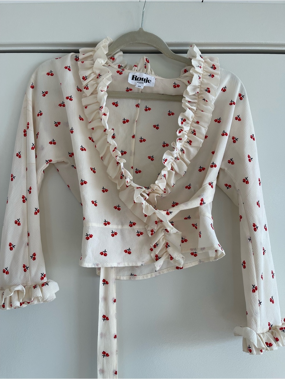 Rouje Cream wrap top with Red Cherry Print, Size 34/2
